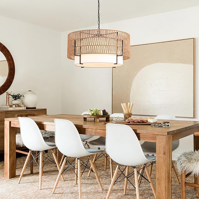 6-Light Large Rattan Chandelier, 25.6" Boho Pendant Light with Fabric Shade, Farmhouse Ceiling Light Fixture Chandelier for Dining Room, Living Room, Bedroom, Kitchen Island, Foyer, Hallway