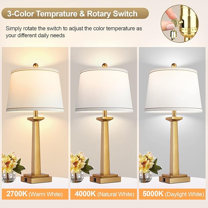 ROTTOGOON 29" Gold Table Lamps with 2 USB Charging Ports, 3-Color Temperature Nightstand Modern Lamps with Rotary Switch, Resin Brass Tall Lamp for Living Room Bedroom Home Office (LED Bulb Included)