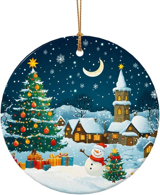Merry Christmas Snow Tree Snow Scene Christmas Ornaments, Christmas Decorations Xmas Tree Hanging Ornaments, Round Ceramic Festive Keepsake Gift for Xmas Decorations Holiday Home Decor