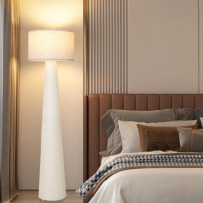 Boho White Floor Lamps for Living Room, Dimmable Standing Lamp with Remote and Bulb, Mid Century Column Tall Lamp with Fabric Shade, 3 Color Temperatures, Farmhouse Stand Up Light for Bedroom