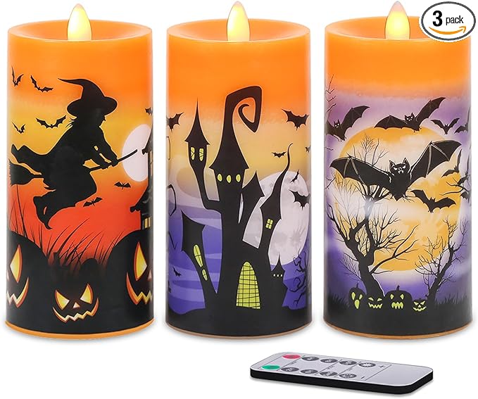 DRomance Halloween Flameless LED Candles Battery Operated with Remote and Timer, Real Wax Flickering Pillar Candles Flat Wick Dimmable Light Castle Witch Bats Holiday Decor(3 Pack, 3 x 6 Inches)