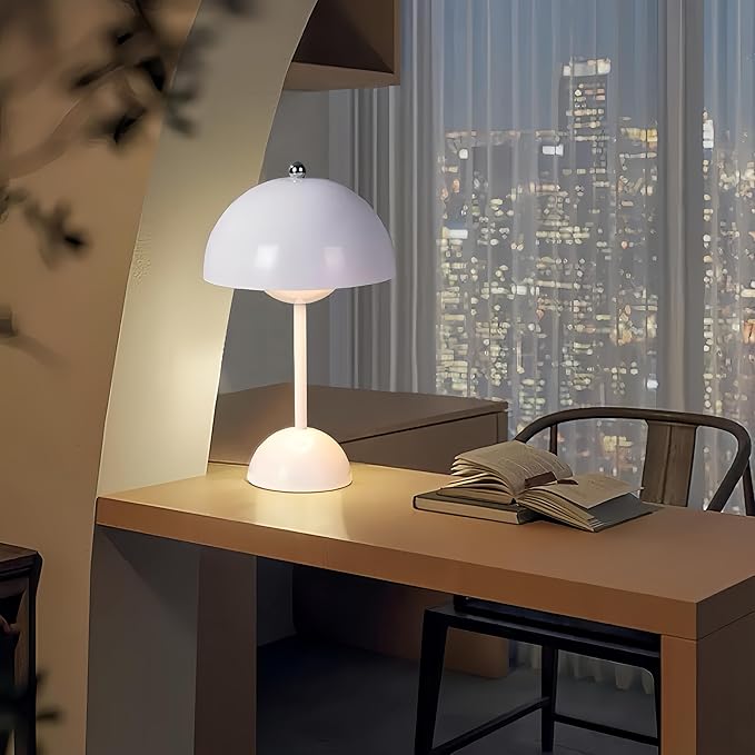 Flower Bud Lamp Modern Flowerpot Cordless Mushroom Touch Table Lamp 3 Mode Dimmable Rechargeable Desk Lamp for Bedroom (White)