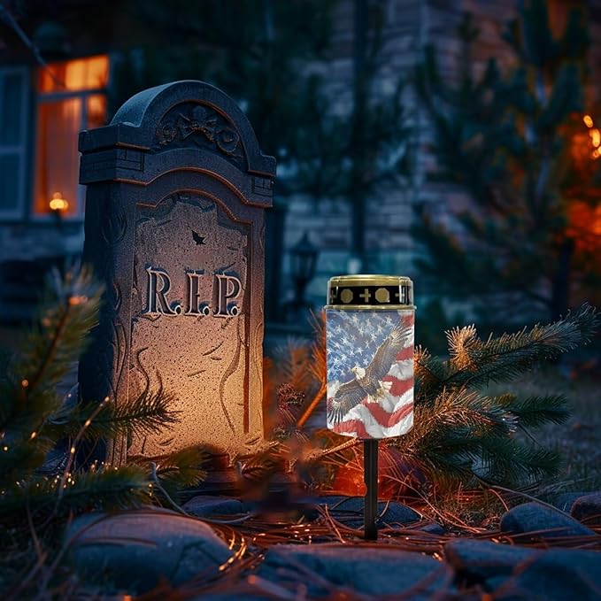 American Eagle Flag Prayer Cemetery Solar Lights for Grave Cemetery Decor Candle Lamp Corss Sunflower Grave Solar Lights