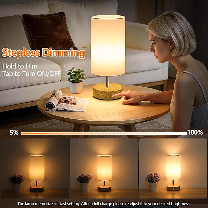 2-Pack Rechargeable Table Lamps, Cordless Bedside Lamps with Stepless Dimming, Portable 6000mAh Battery Operated LED Desk Lamps, Wireless Lamps with Wood-Grain Base, Modern Night Light for Bedroom