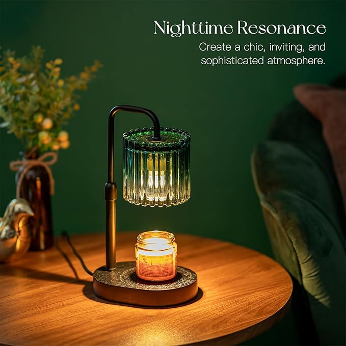 Candle Warmer Lamp with Timer: Emerald Green Candle Warming Lamp with 2 Bulbs Height Adjustable Wax Melt Dimmable Bedroom Decor for Women