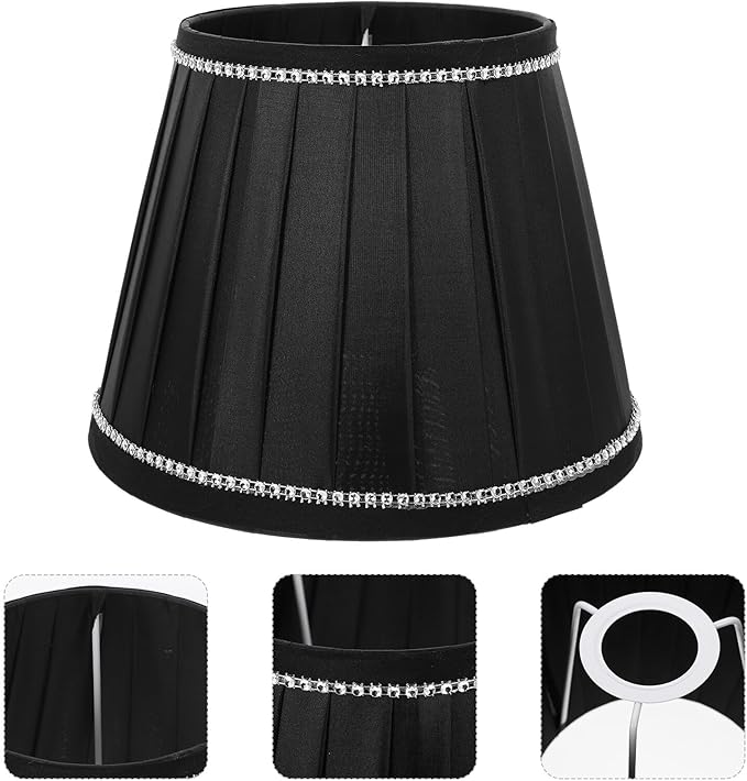 Pleated Table Lamp Shade Black Fabric with Rhinestones Soft Light Cover for Bedroom Living Desk and Floor Lamps Easy to Install Decorative Shade for Cozy Eye Protection