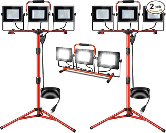 LEDMO 30000LM LED Work Lights with Stand 3 Adjustable Head Led Work Shop Flood Lights Indoor and Outdoor 150W 6000K Portable Tripod IP65 Waterproof 10Ft Power Cord for Job Stie,Yard,Garage 2 Pack