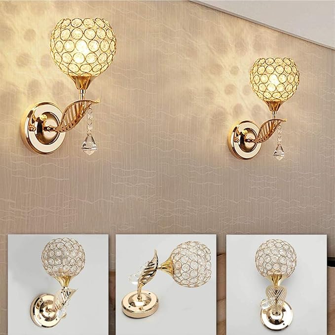 Modern Crystal Wall Light Pendent Lamp Chrome Finish Bedroom Sconce Lighting Fixture with Pull Cord Switch, E14 Socket (Gold)