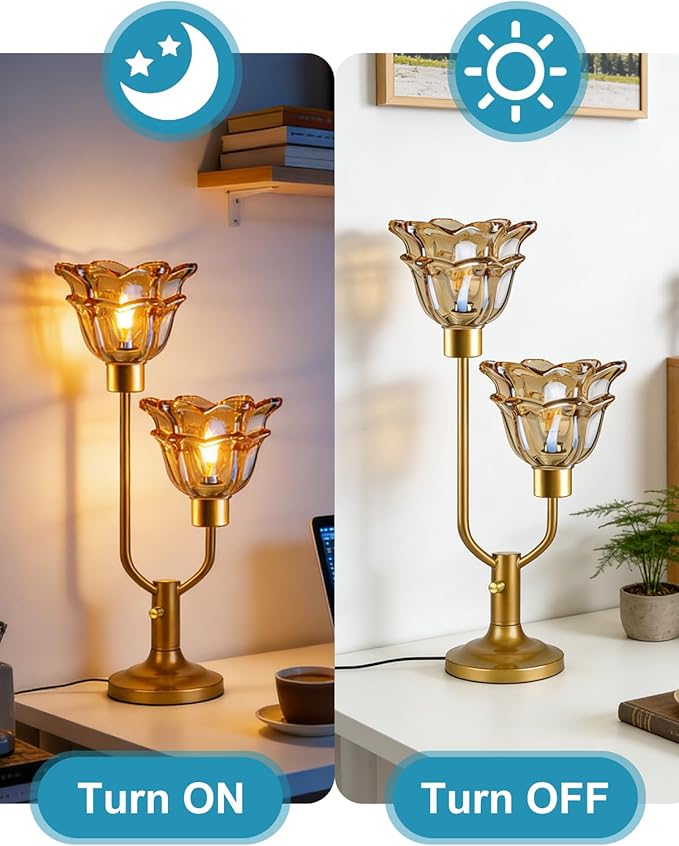 Lightdot Mid Century Modern Flower Table Lamp Gold Dimmable U-Shaped Brown Glass Desk Lamps with 2Pcs 3000K Warmwhite Bulbs Included Bedside Nightstand Lamp for Living Room Bedroom
