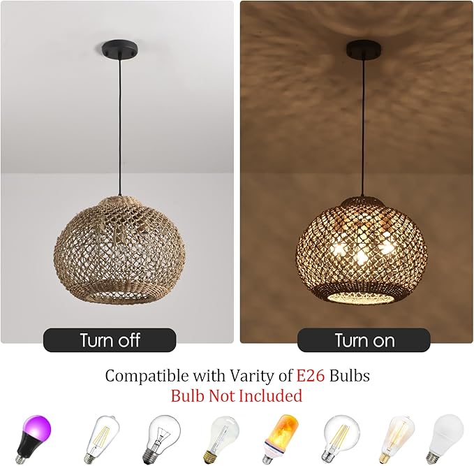 17" Rattan Pendant Light 3-Light Hand Woven Wicker Seagrass Hanging Light Boho Water Plants Rattan Chandelier for Dining Living Bedroom Kitchen Farmhouse