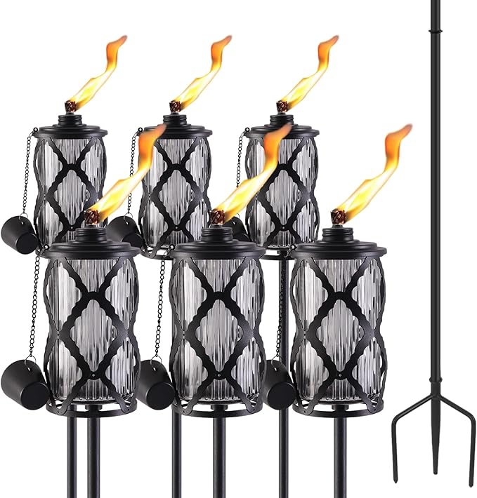 Home Garden Torch Set of 6, Large Capacity 16oz Outdoor Glass Torch Garden Décor,58-Inch Upgraded Citronella Torches with 3-Prong Grounded Stake, Torches for Party Patio Pathway