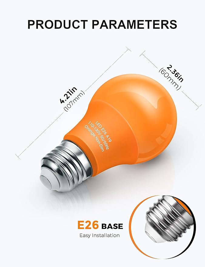 Orange Light Bulbs [ 4 Pack ] A19 Halloween Light Bulbs LED Orange Bulb Outdoor 9W (60 Watt Equivalent) - E26 Colored Light Bulb for Porch Light Christmas Party Home Holiday Decorative Illumination