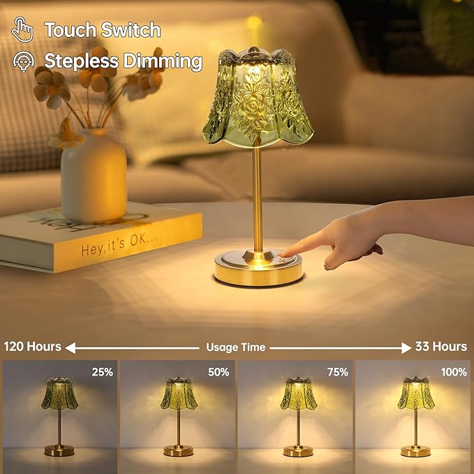 Cordless Touch Table Lamp with 5200mAh Battery - 3 Adjustable Color Temperatures & Dimmable, Rechargeable Desk Lamp for Bedroom, Living Room, Office, Entryway, Bookshelves (Green Rose)