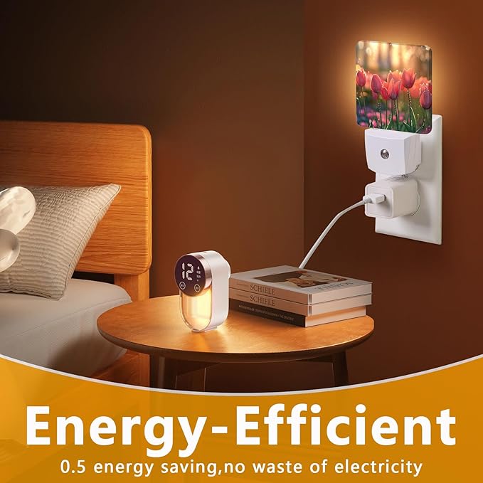Tulip Flowers Night Light, Plug-into Pink Floral Nightlight White LED Lamp, Energy Efficient Decor Desk Lamp for Bedroom Hallway Stairs Bathroom