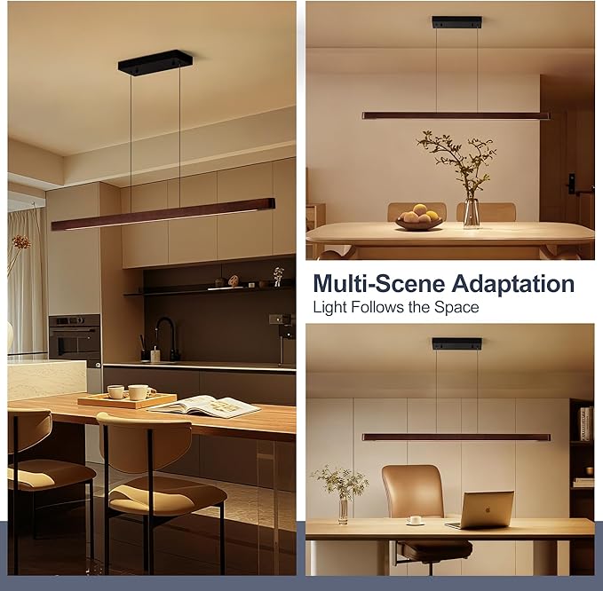 71" Wood Linear Pendant Light, Modern Pendant Lights Kitchen Island with Remote, 24W LED Wood Linear Hanging Chandelier for Dining Room, Kitchen Island, Bar, Pool Table-Walnut