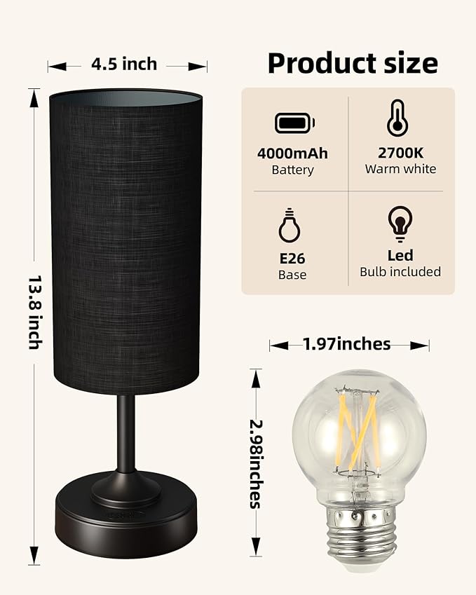 EZVALO Cordless Lamp, Ambient Light, Dimmable, 2700K, Timer, Touch Control, Portable, LED, Battery Operated, Rechargeable, Cordless, Desk Lamp, Kitchen Lamp, Fabric Shade, for Bedroom, Living Room