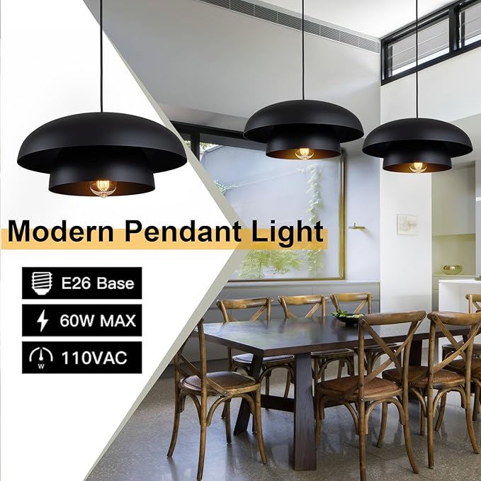 Lingkai 15.7" Black Modern Pendant Light Fixtures, Kitchen Lighting Fixtures Ceiling Hanging Light Fixtures, Farmhouse Large Pendant Light for Kitchen Island Lighting Hanging Lamp