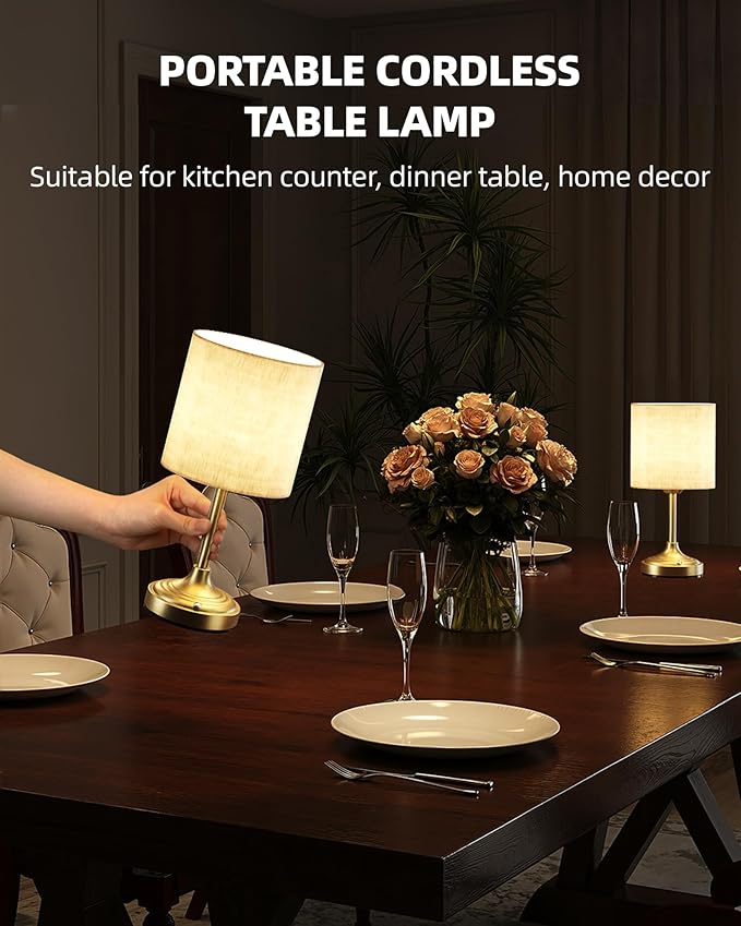 Battery Operated Lamp, 8000mAh, Dimmable, Ambient Light, 2700K, Touch Control, Portable, Small, LED, Wireless, Rechargeable, Cordless, Desk Lamp, Kitchen Lamp, Fabric Shade, for Dining Room, Bedroom
