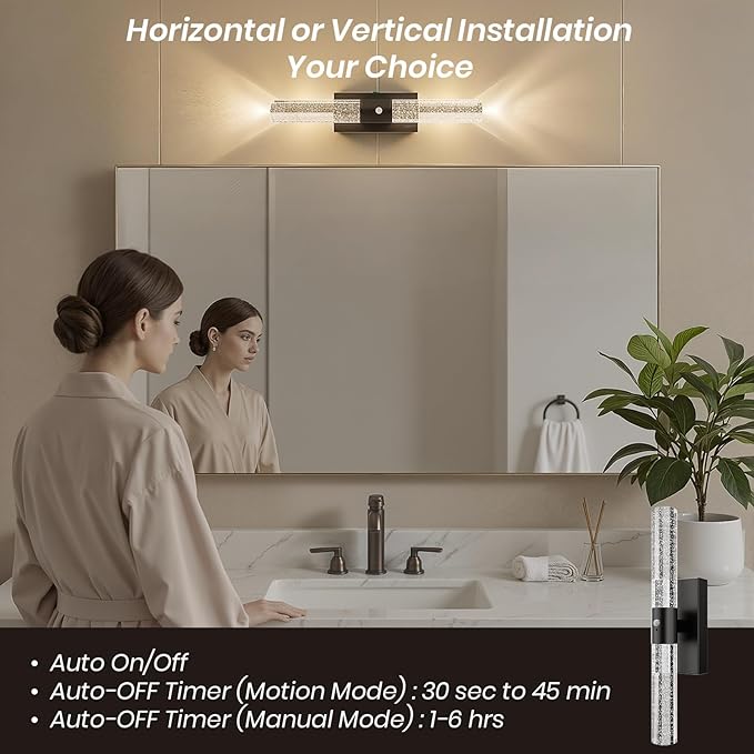 Motion Sensor Wall Sconces Battery Operated, Rechargeable Wall Sconce, 3CCT Battery Wall Sconce, 12000mAh Dimmable with Remote for Bedroom, Living room, Hallway Decor (15.3 inch – Black - 1 Pack)