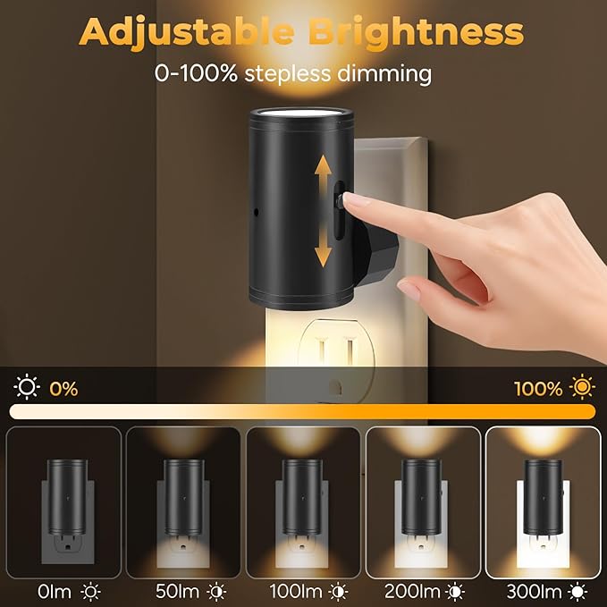 LED Night Lights with Motion Sensor & Dusk to Dawn Sensor, Night Lights Plug into Wall Dimmable Soft White Nightlight with 5-300lm Adjustable Brightness for Bedroom, Bathroom, Stairs, Hallway 2 Pack