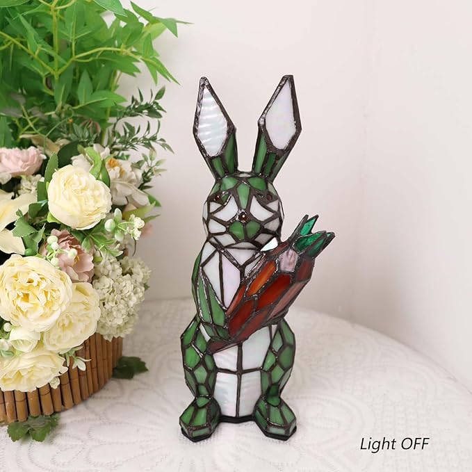 Bieye L10948 Rabbit Holds Carrot Tiffany Style Stained Glass Accent Table Lamp for Home Decor (Green)
