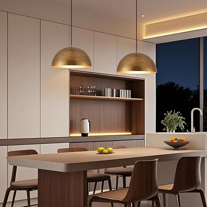 16" Dome Gold Pendant Light, Farmhouse Pendant Lights for Kitchen Island, Modern Adjustable Hanging Lamp for Dining Room Living Room Hallway Cafe Bar 2 Pack