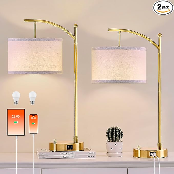 Table Lamp for Living Room Bedroom, 23.5" Table Lamps Set of 2 with USB C+A Ports, Bedside Lamps for Nightstand with Linen Lamp Shades, 2 Dimmable LED Bulbs Included, Gold