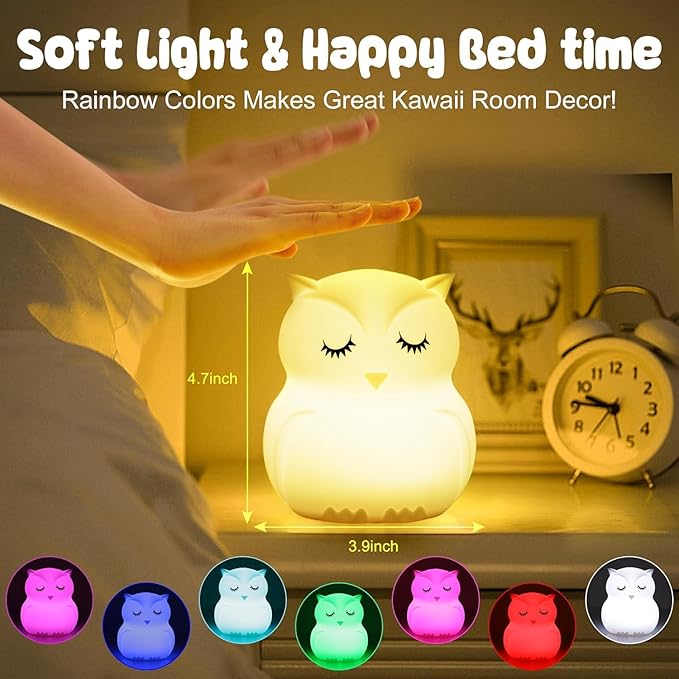 LED Night Light for Kids Cute Sleepy Owl Bedside Lamps - Convenient for Reading & Soothe Baby to Sleep Training Nursery Lights Up Toddler Bed Room Dimming & Timer &Rechargeable Decor Gifts for Women