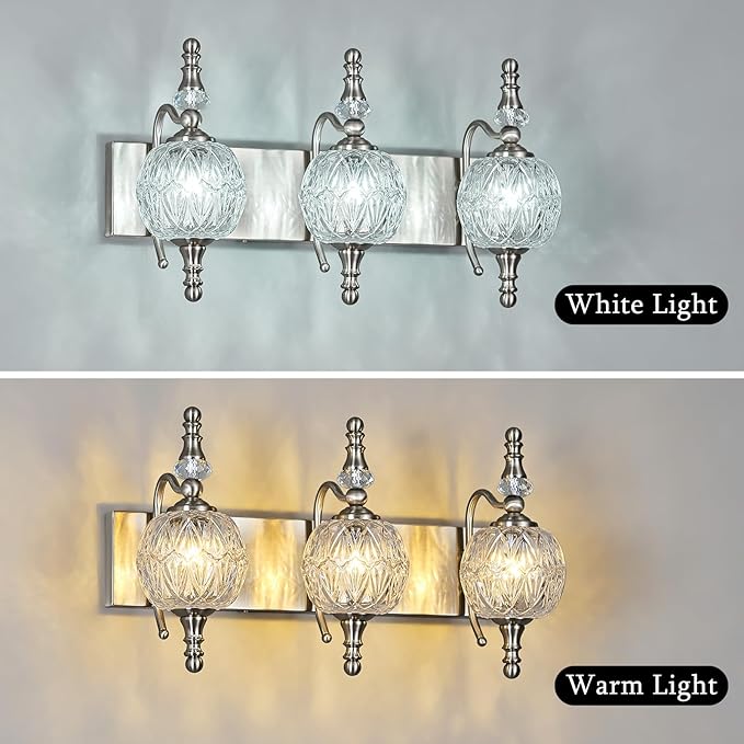 Modern Crystal Bathroom Vanity Lights Fixtures Over Mirror Brushed Nickel Vintage 3-Lights 20 Inch Bathroom Light Fixtures Glass Crystal Vanity Lights