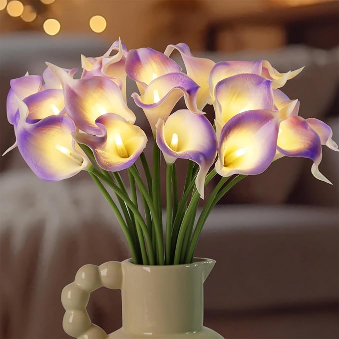 20pcs Lighted Artificial Calla Lily Bouquet Faux Floarl Night Light Real Touch Flower Night Light LED Calla Lily lighted Artificial Flower for Holiday Gifts Home Kitchen Decor(Light Purple, No Vase)