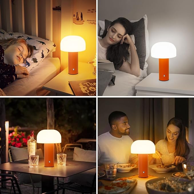 Cordless Mushroom Table Lamp Rechargeable,4000mAH Portable Battery Operated Lamp,3 Color Stepless Dimming Modern Lamps for Bedside Lamps,Touch Dimming Night Light for Home/Restaurant Orange