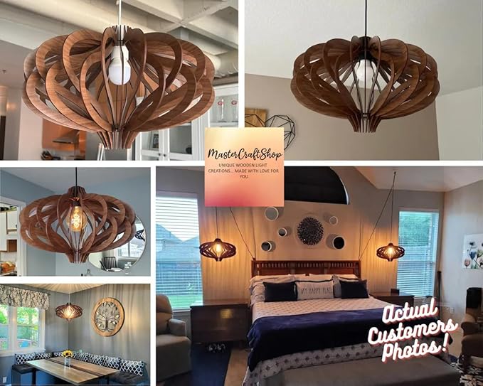 Wood Pendant Light – Scandinavian Geometric Wooden Ceiling Light, Modern Chandelier for Kitchen Island & Dining Room, Adjustable Hanging Lamp, Natural Finish, E26 Base
