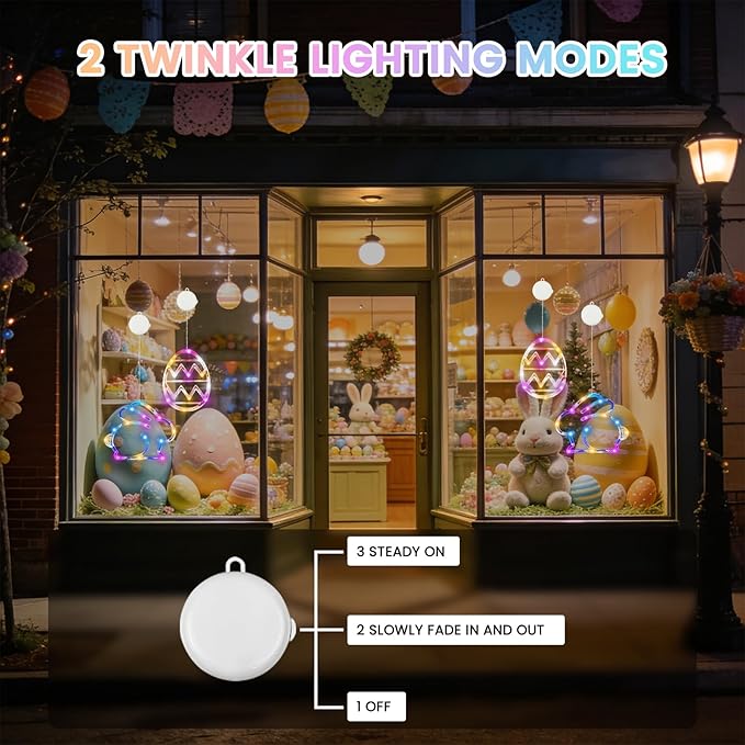 BHCLIGHT 4 Pack Easter Window Lights, Multicolor Bunny and Egg Lights, Battery Operated Easter Window Decorations Light up with Suction Cup and Timer Function for Indoor Window Glass Wall Party Decor