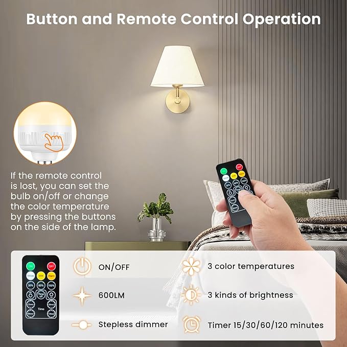 2Packs E12 Rechargeable Light Bulbs with Remote Control, 5W 350lm Magnetically Battery Operated Light Bulbs with 3 Color Temperature, Timer, Dimmer for Non-Hardwired Candle chandeliers Candelabra lamp