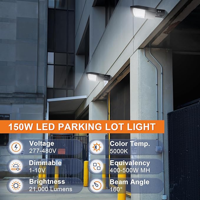 480V 150W LED Parking Lot Light, 21000LM LED Shoebox Street Flood Light (500W MH/HPS Equiv.), 5000K Dimmable Commercial Area Lighting with 20KV Surge Protection, IP65 277-480V UL&DLC Listed