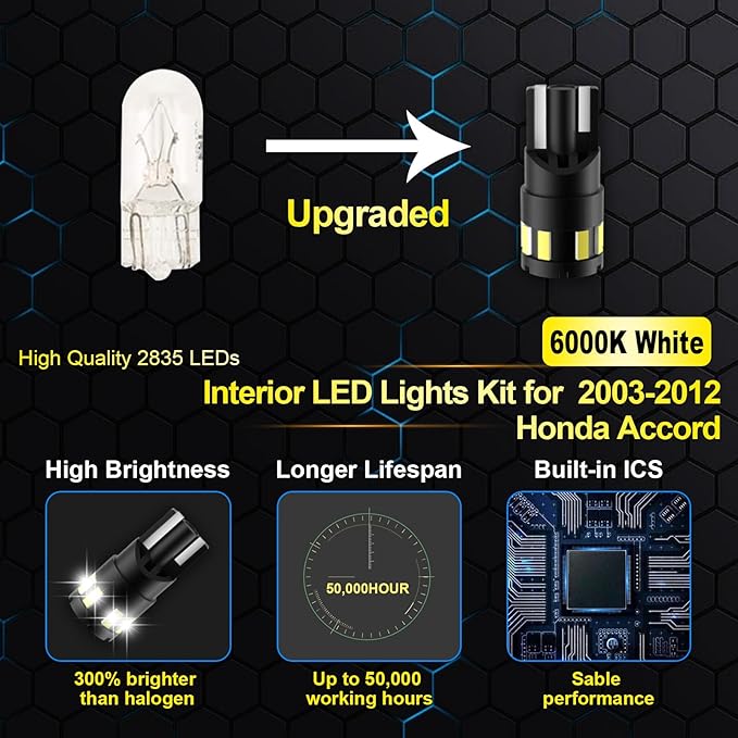 EASY EAGLE LED Interior Car Lights for Honda-Accord-2003-2012: 12 Piece Kit White LED Light Bulbs - Super Bright 6000K + Install Tool