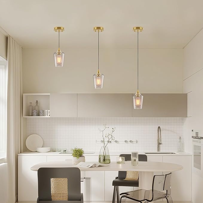 Ralbay Farmhouse Brushed Gold Pendant Light 3-Pack, Pendant Light Fixtures with Wine Clear Glass Shade, Kitchen Island Lighting for Dining Room, Rustic Adjustable Hanging Lighting Fixture