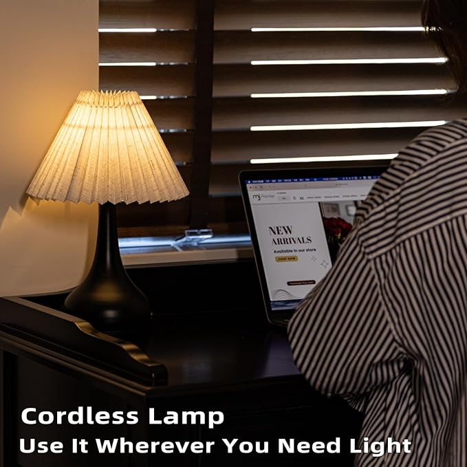 MJ PREMIER Cordless Lamp, Rechargeable Table Lamp with Touch Control, Metal Base, Easy Assembly, Stepless Dimming Pleated Lamps for Bedroom/Tabletop/Corner/Entryway (White)