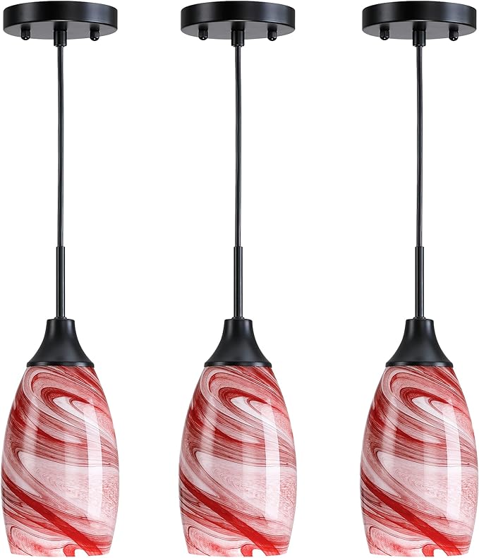 3-Pack Mini Glass Pendant Light with Handblown Burgundy Marble Art Glass Hanging Light 4.72" Oval Ceiling Hanging Light Fixture for Dining Room Kitchen Island Cafe Foyer Hallway