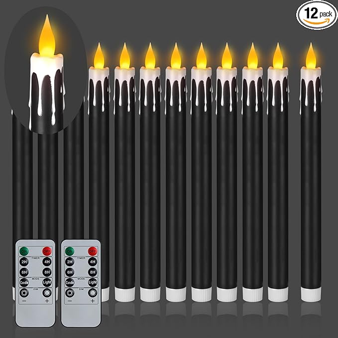 Flameless Taper Candles 10.6" Dripless Battery Operated Taper Candles Included Remote Timer 400+ Hours by 2AA Batteries for Halloween Christmas Wedding (Black+White, 12 Pack)