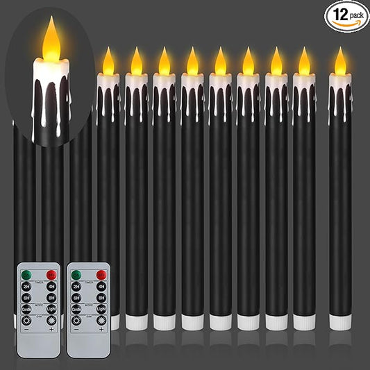 Flameless Taper Candles 10.6" Dripless Battery Operated Taper Candles Included Remote Timer 400+ Hours by 2AA Batteries for Halloween Christmas Wedding (Black+White, 12 Pack)