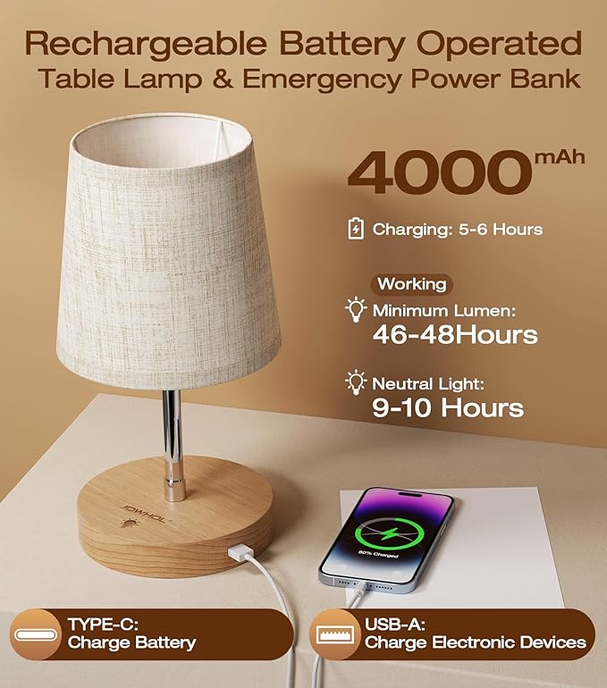 Cordless Rechargeable Lamp - 4000mAh Battery Operated Table Lamp & Power Bank, Touch Dimmable Adjustable Desk Lamp LED Night Light Portable for Patio Camping Restaurant Home, Solid Wood
