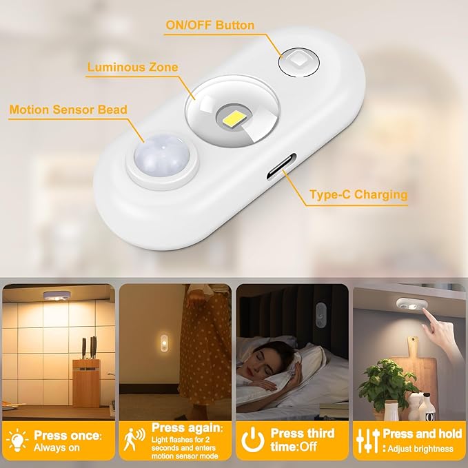 inShareplus LED Motion Sensor Puck Lights, Magnetic Under Cabinet Light Indoor, Small Rechargeable Night Light, Dimmable Sensor Lights for Closet, Stairs, Kitchen, Warm White (6 Pack)