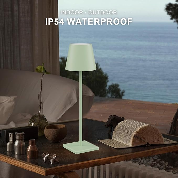 2-Pack LED Cordless Table Lamp, Rechargeable Battery Desk lamp 3W 5500mAh Battery Operated Stepless Dimming Modern Portable Table Light for Restaurant/Bedroom/Outdoor IP54 Waterproof (Green)