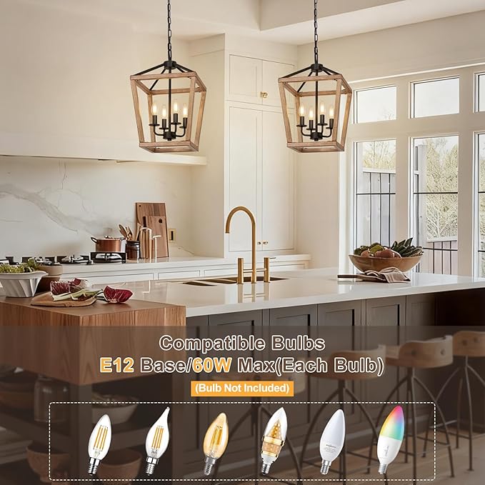 4 Light Farmhouse Chandelier, Lantern Ceiling Light Fixture with Brushed Rustic Wood Metal Cage and Adjustable Chain, E12 Base Geometric Hanging Lights for Dining Room Kitchen Island Entryway, Indoor