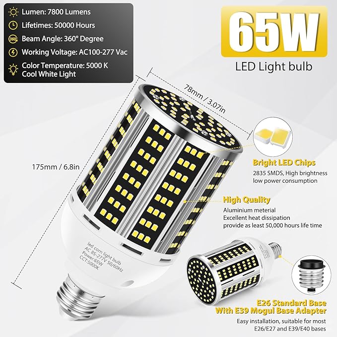 65W LED Corn Light Bulb 2 pack(650W Equivalent ) ,E26/E39 Commercial Grade 7800LM Medium Daylight 5000K Mogul Base LED Lamp,Large Area Lights For Outdoor Indoor Garage Warehouse Factory Bay Light