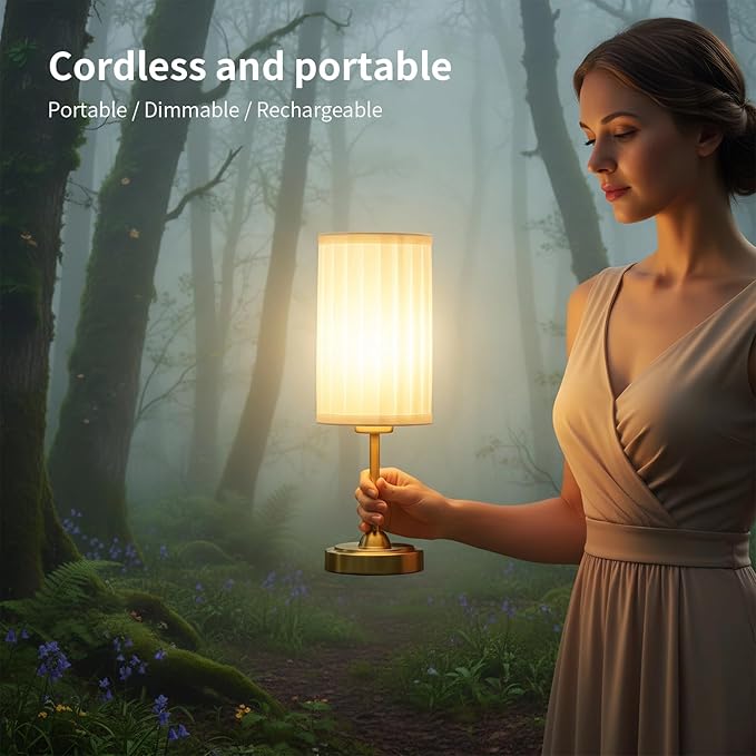 Portables Cordless Table Lamp Set of 2,LED Fabric Shade DeskLamp,Rechargeable Battery Operated，Lighting for Bedroom, Bedside,Bar,Living Room, Dining Room, Night Light (Brass)