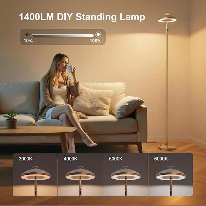 DUSKTEC Floor Lamp with RGB Star Projector, 15W 1400LM Dimmable 4 Color Temperatures LED Standing Lamp with Remote, Modern Tall Black Corner Lamp for Living Room, Bedroom, Office (Gold)