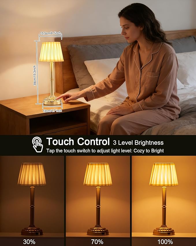 Rechargeable Cordless Table Lamps Set of 2 with Fabric Shade – Small Battery Operated Lamp, 3-Way Touch Dimmer, Portable Wireless Lighting for Restaurant Dining Bedside Kitchen Living Room Patio