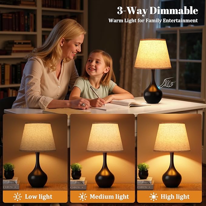 Seealle Touch Table Lamp for Bedroom, 3-Way Dimmable Small Bedside Lamps for Night Stands, Black Bedroom lamp for Kids Room, Desk, Living Room, End Table